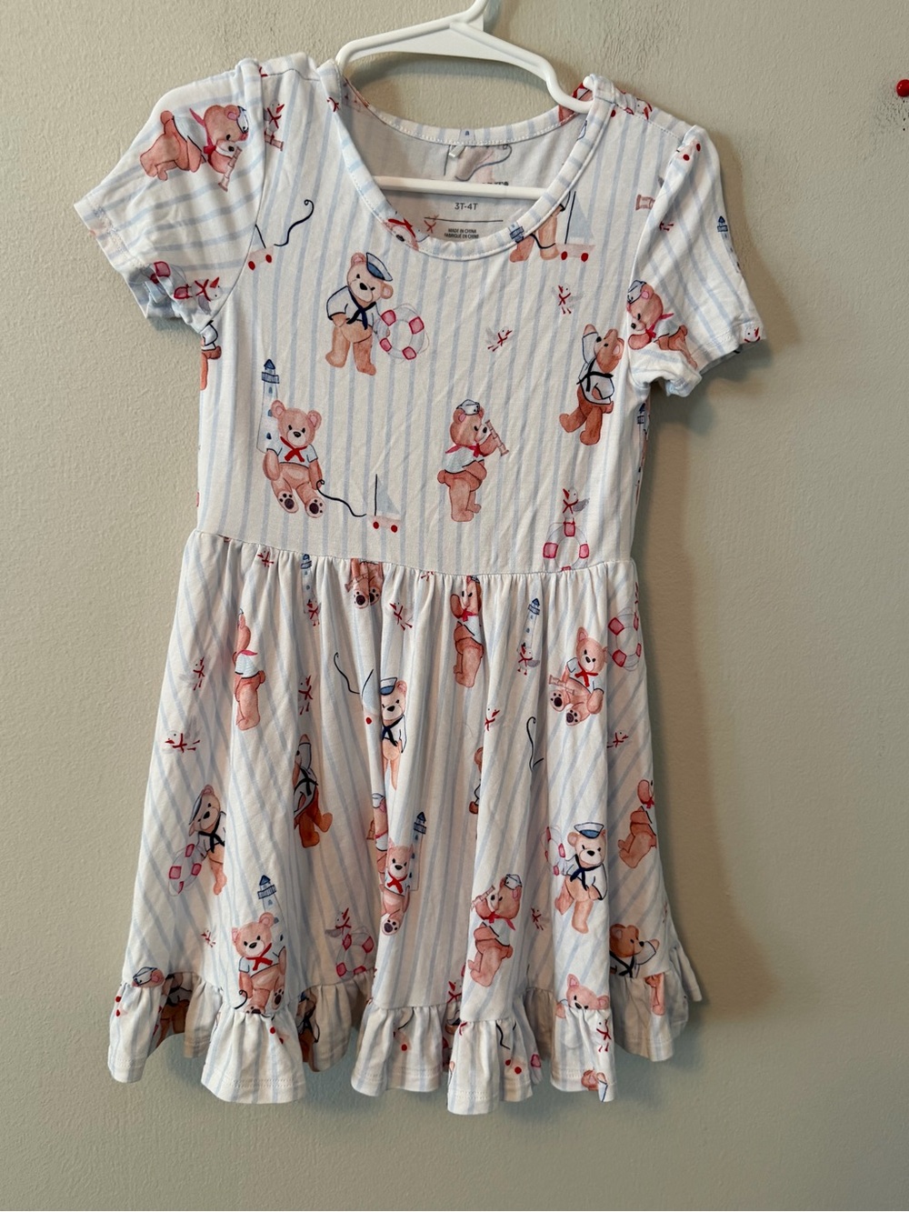 Posh Peanut White Teddy Bear Print Ruffle Dress
